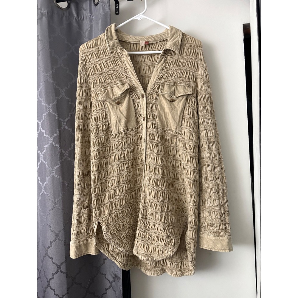 Pilcro and the Letterpress Tan Smocked Cotton Button Down Shirt Small Khaki Boho